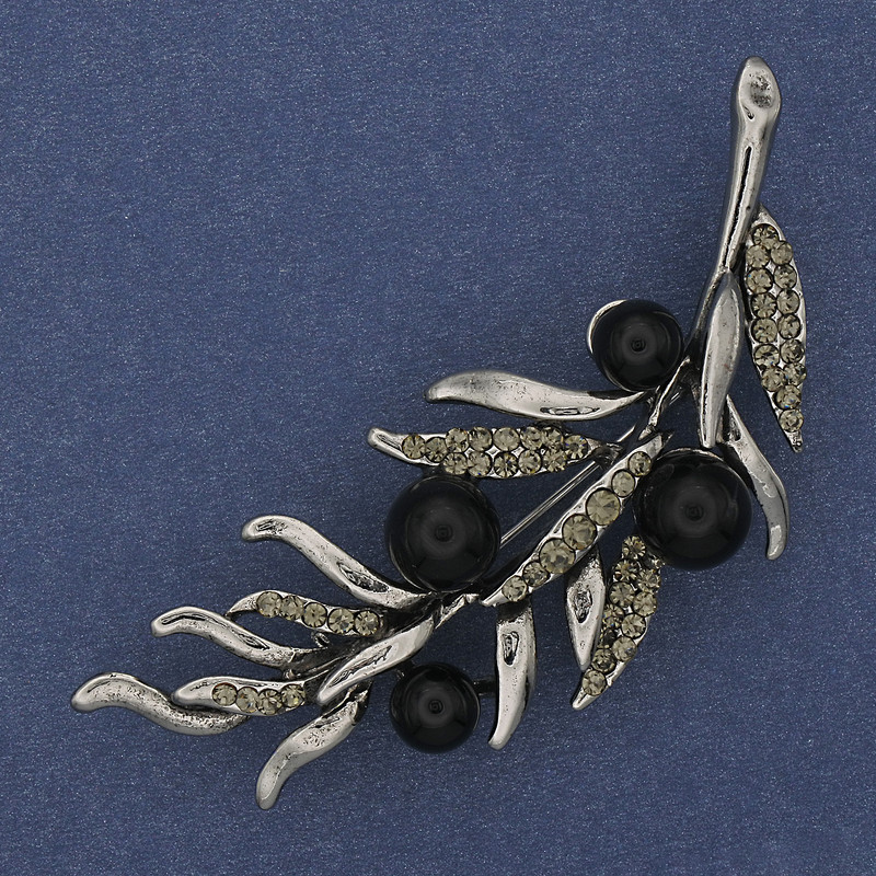 Twig Brooch Agate Grey Rhinestones 67x26mm Silver-tone Metal