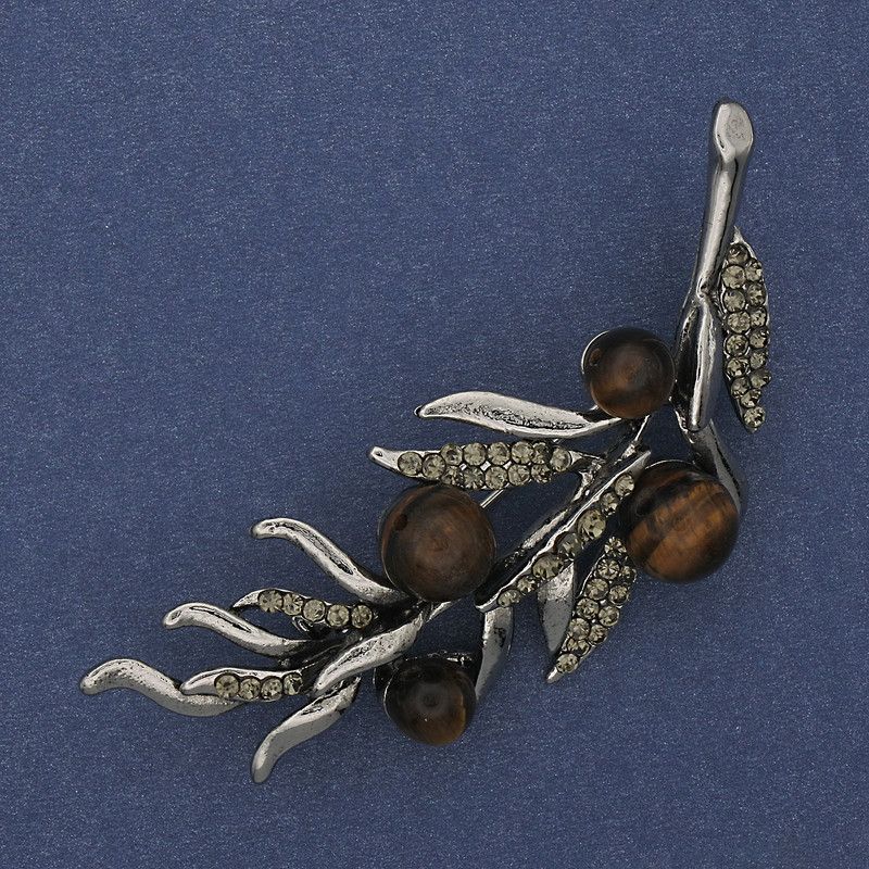 Twig Brooch Tiger's Eye Grey Rhinestones 67x26mm Silver-tone Metal