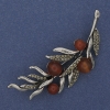 Twig Brooch Carnelian Grey Rhinestones 67x26mm Silver-tone Metal