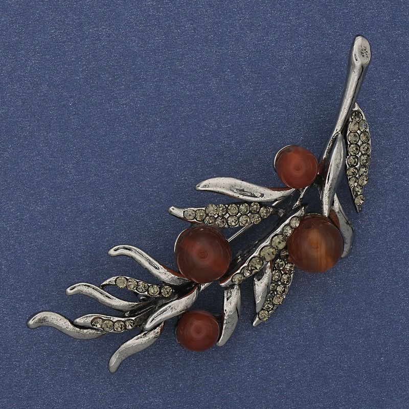 Twig Brooch Carnelian Grey Rhinestones 67x26mm Silver-tone Metal