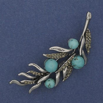 Twig Brooch Turquoise Grey Rhinestones 67x26mm Silver-tone Metal