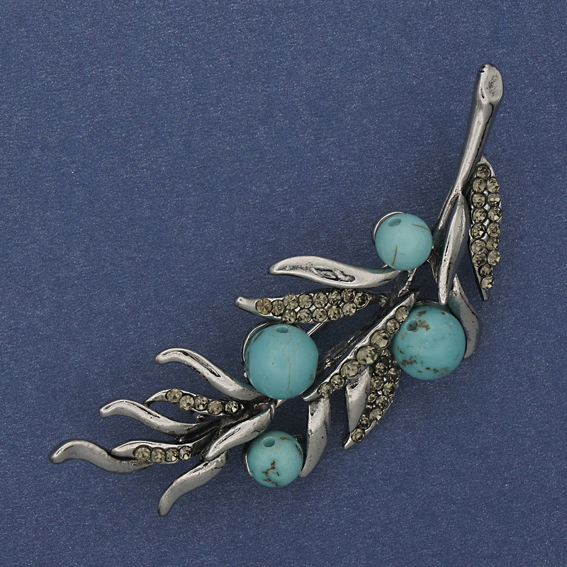 Twig Brooch Turquoise Grey Rhinestones 67x26mm Silver-tone Metal