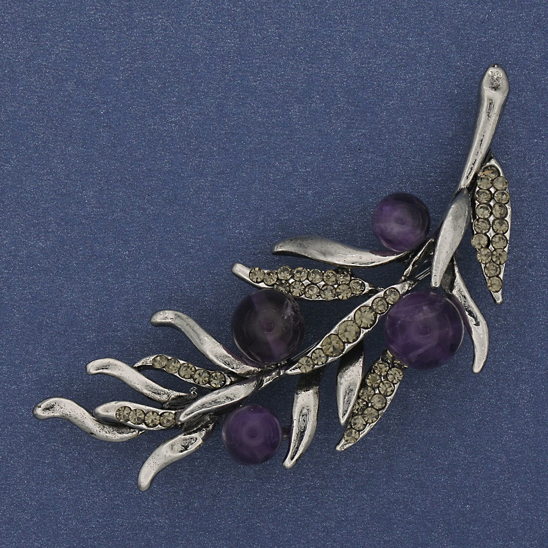 Twig Brooch Amethyst Grey Rhinestones 67x26mm Silver-tone Metal