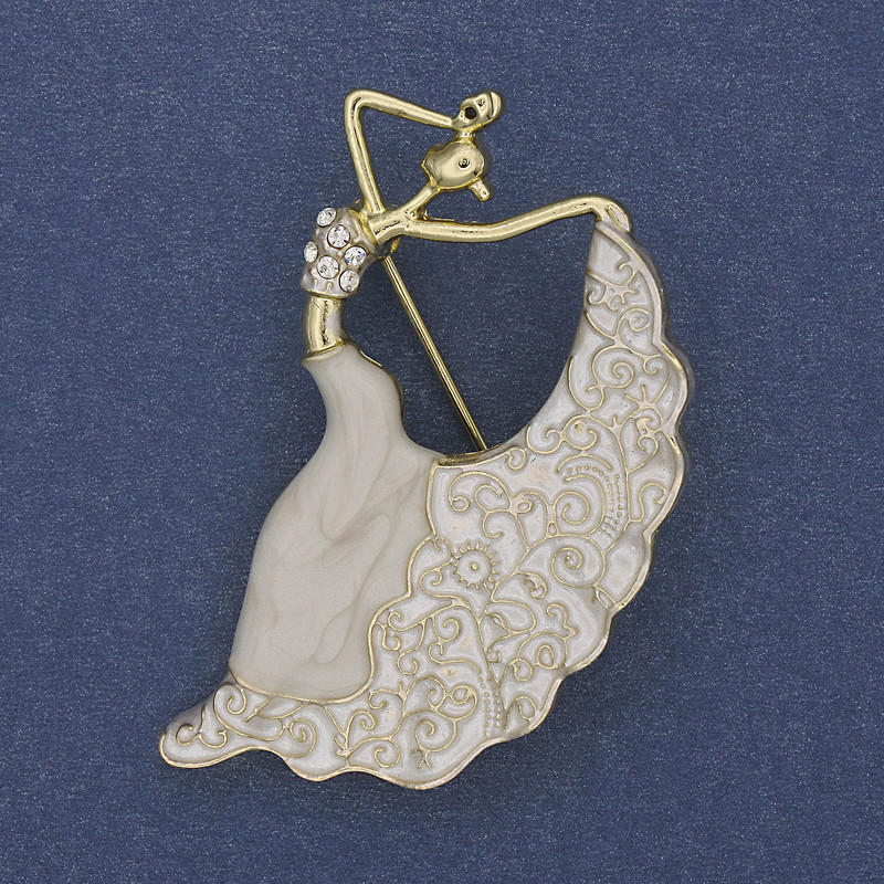 Dancer Brooch White Enamel Rhinestones Gold-tone Metal 26x46mm+