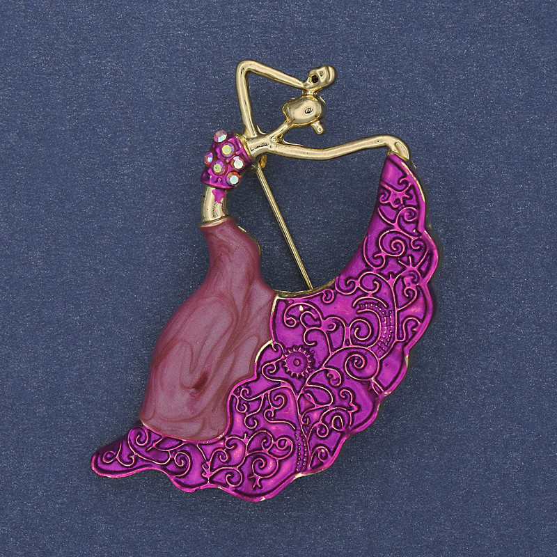 Dancer Brooch Lilac Enamel Rhinestones Gold-tone Metal 26x46mm+