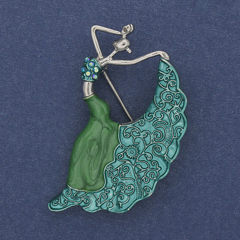 Dancer Brooch Green Enamel Rhinestones Silver-Tone Metal 26x46mm+