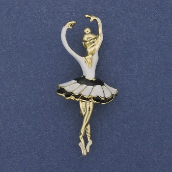 Ballerina Brooch Pendant White Enamel Gold-Tone Metal 25x57mm+