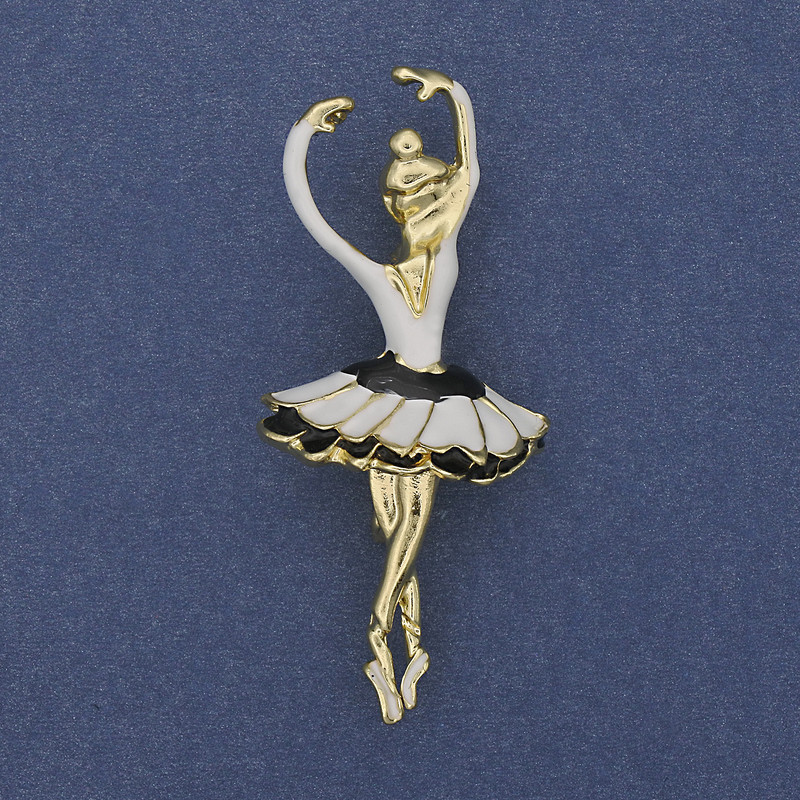 Ballerina Brooch Pendant White Enamel Gold-Tone Metal 25x57mm+