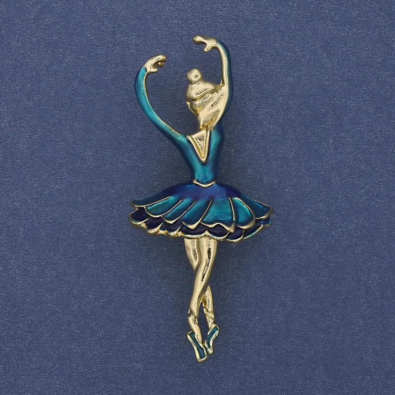 Ballerina Brooch Pendant Blue Enamel Gold-Tone Metal 25x57mm+