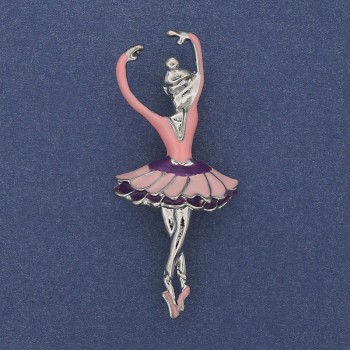 Ballerina Brooch Pendant Pink Enamel Gold-Tone Metal 25x57mm+