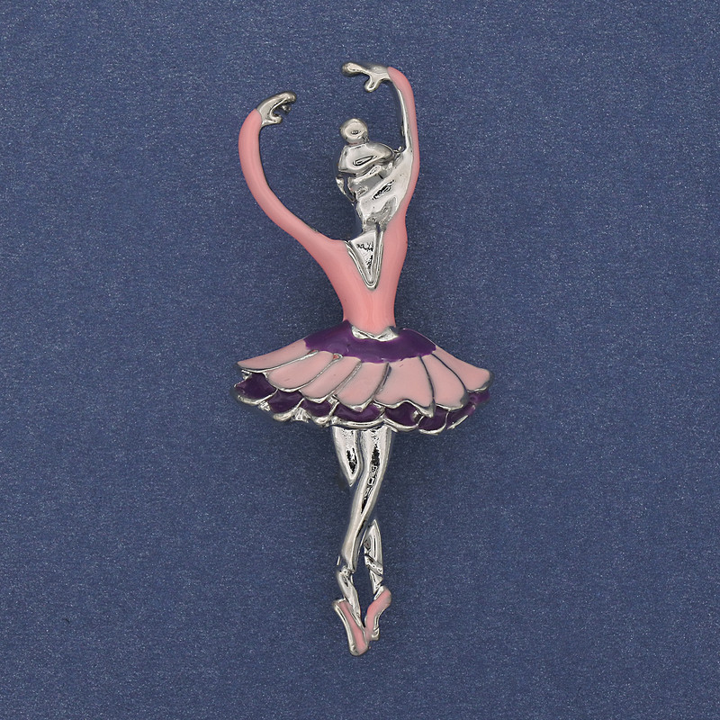 Ballerina Brooch Pendant Pink Enamel Gold-Tone Metal 25x57mm+