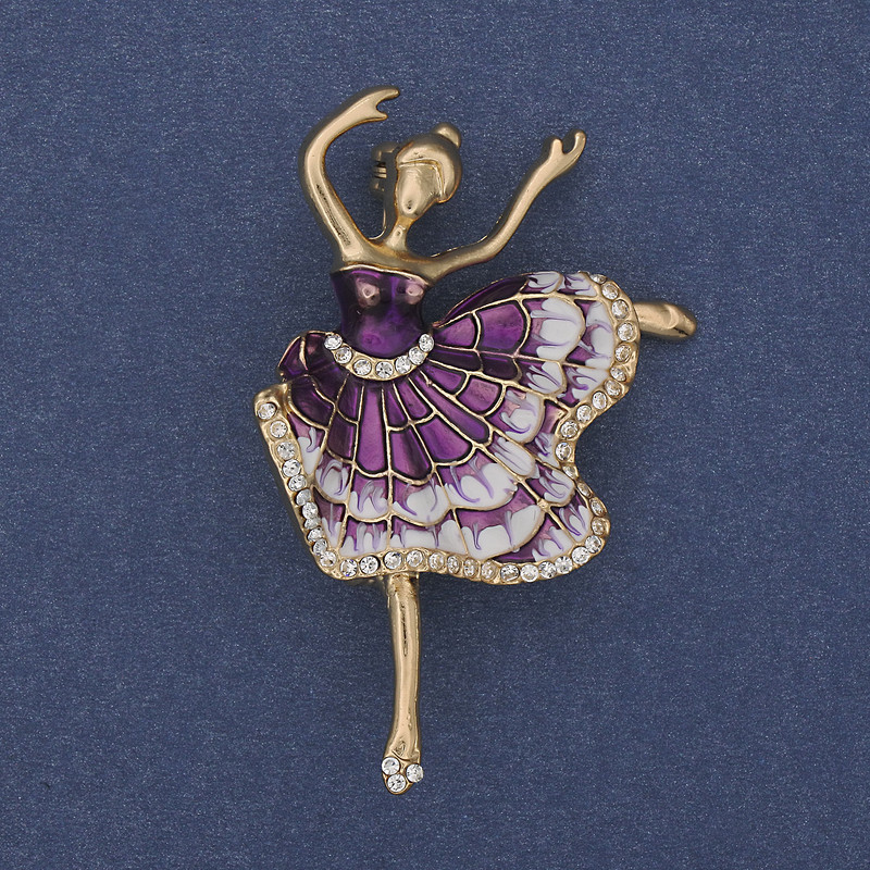 Ballerina Brooch Purple & White Enamel White Rhinestones Gold-Tone Metal 35x50mm+