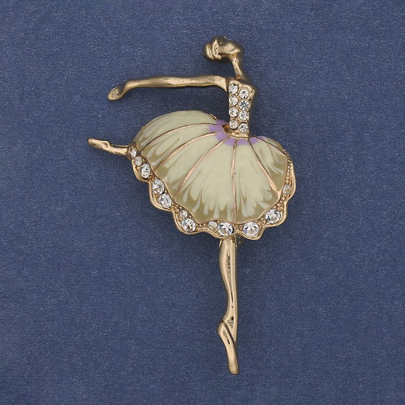 Ballerina Brooch Beige Enamel White Rhinestones Gold-Tone Metal 35x56mm+