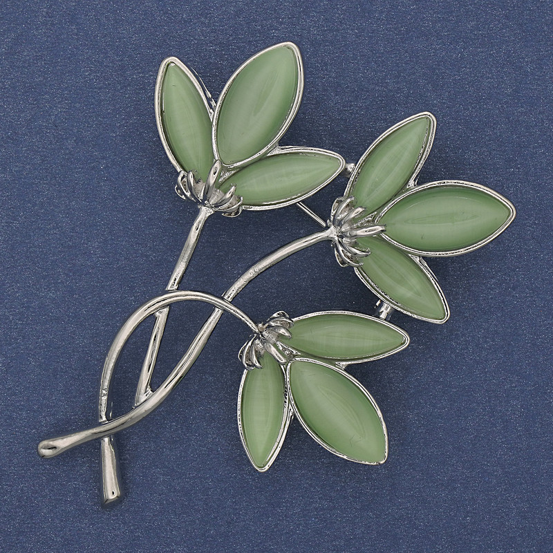 Flower Brooch Pendant Cat's Eye Silver-Tone Metal 44x62mm+