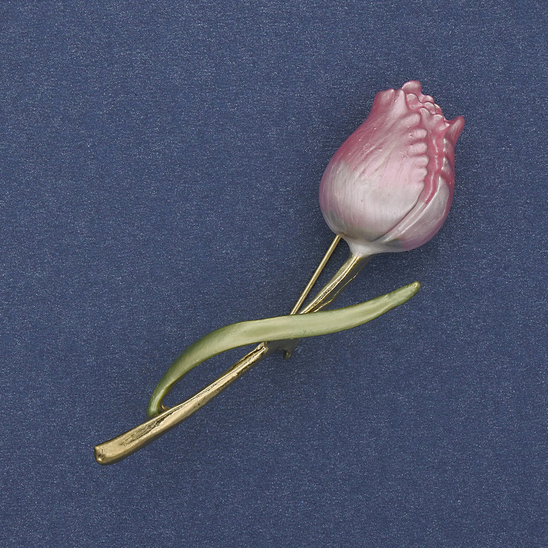 Tulip Brooch Pink & Green Enamel Gold-Tone Metal 16x59mm+