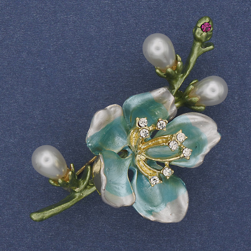 Brooch Light Blue & Green Enamel Pearl & Rhinestones Gold-Tone Metal 28x55mm+