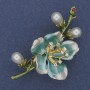 Brooch Light Blue & Green Enamel Pearl & Rhinestones Gold-Tone Metal 28x55mm+