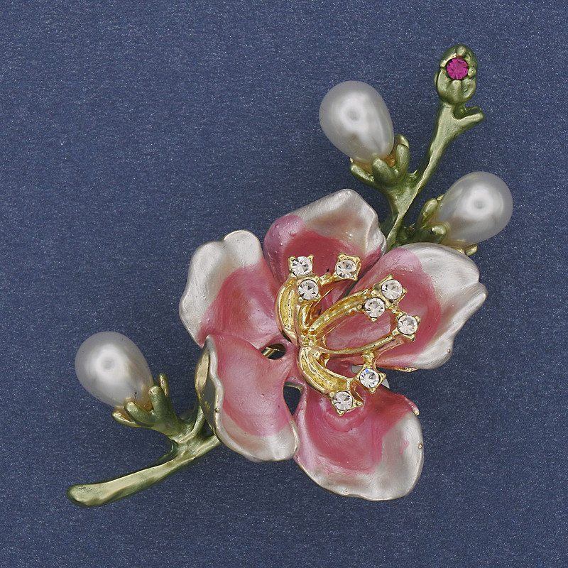Brooch Pink & Green Enamel Pearl & Rhinestones Gold-Tone Metal 28x55mm+