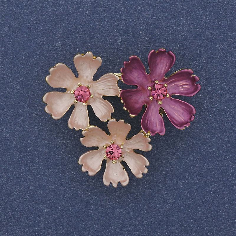 Brooch Pendant Pink & Lilac Enamel Pink Rhinestones Silver-Tone Metal 31x34mm+