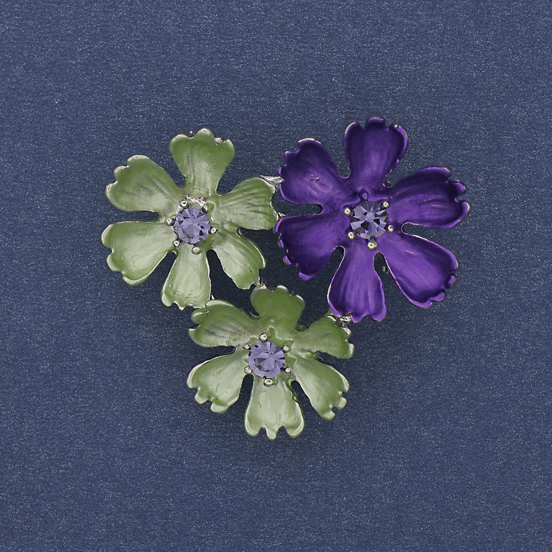 Brooch Pendant Green and Purple Enamel Purple Rhinestones Silver-Tone Metal 31x34mm+
