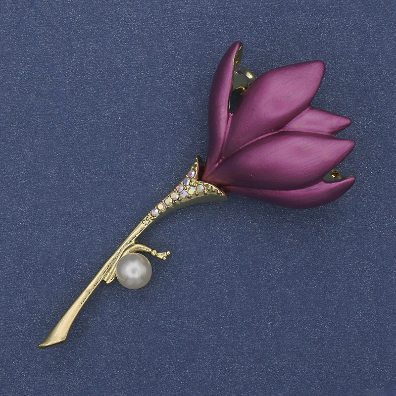 Brooch Pendant Flower Purple Enamel Pearl Crystal Golden Metal 29x64mm+