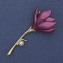 Brooch Pendant Flower Purple Enamel Pearl Crystal Golden Metal 29x64mm+
