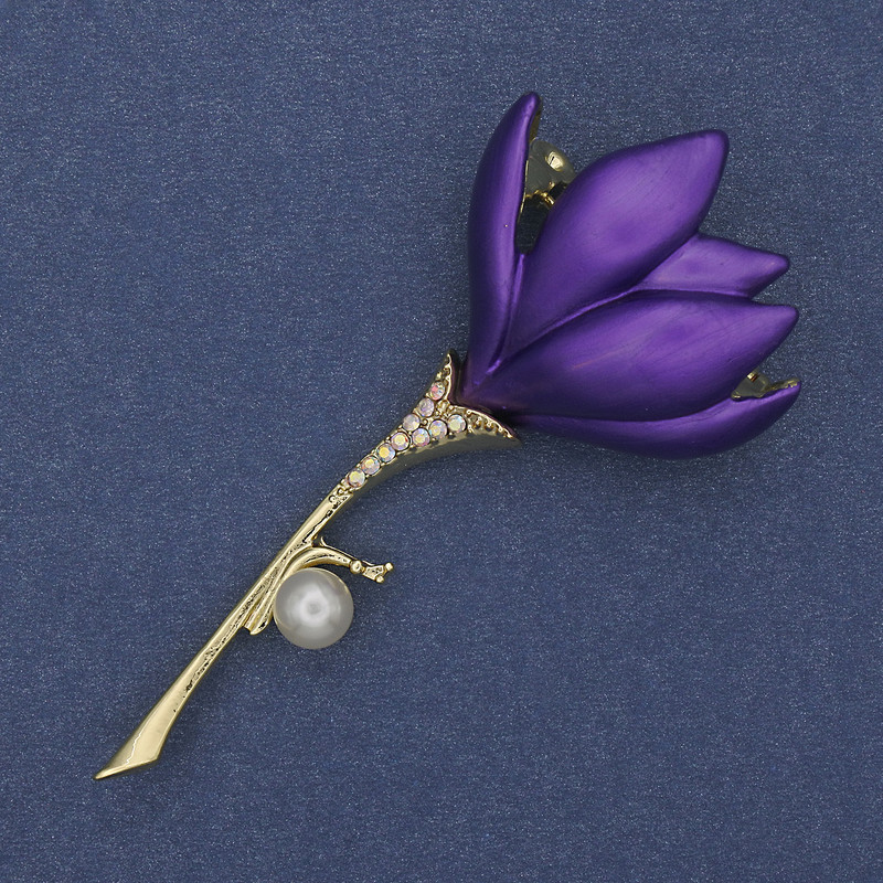 Brooch Pendant Flower Purple Enamel Pearl Stone Gold-tone Metal 29x64mm+