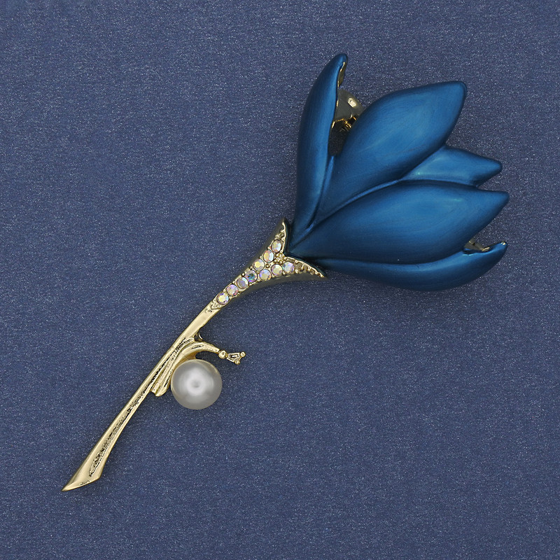 Brooch Pendant Flower Blue Enamel Pearl Rhinestones Gold-Tone Metal 29x64mm+