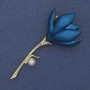 Brooch Pendant Flower Blue Enamel Pearl Rhinestones Gold-Tone Metal 29x64mm+