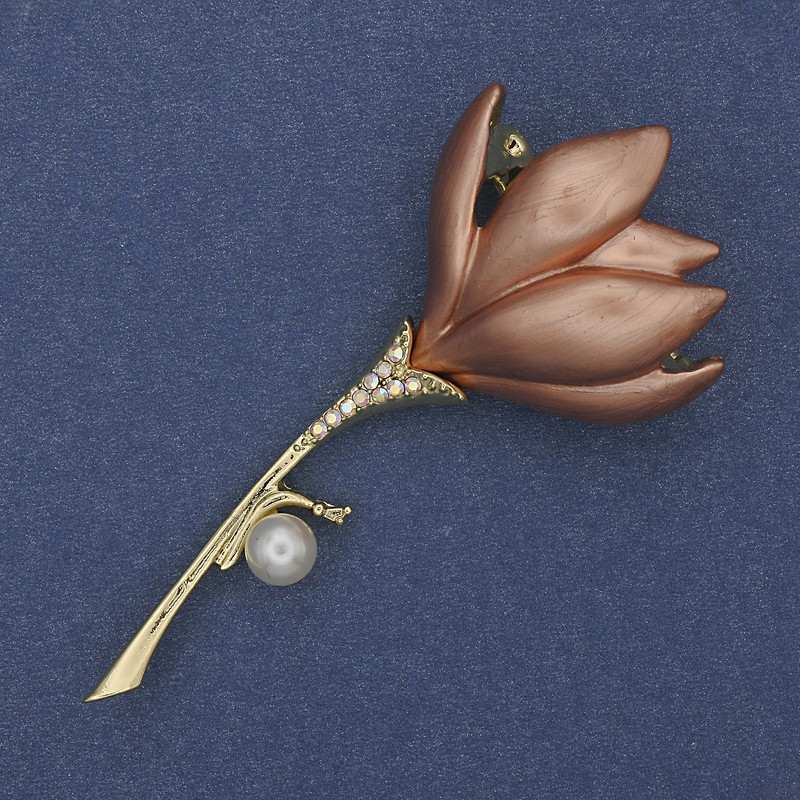 Brooch Pendant Flower Beige Enamel Pearl Rhinestones Gold-Tone Metal 29x64mm+