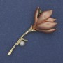 Brooch Pendant Flower Beige Enamel Pearl Rhinestones Gold-Tone Metal 29x64mm+