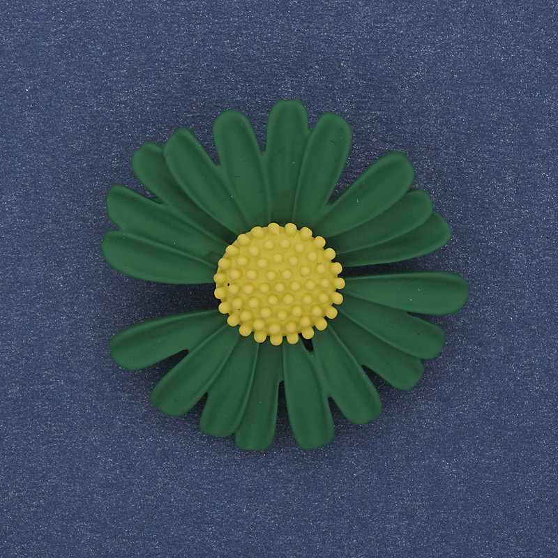 Daisy Brooch Green and Yellow Enamel Silver-Tone Metal 30mm+