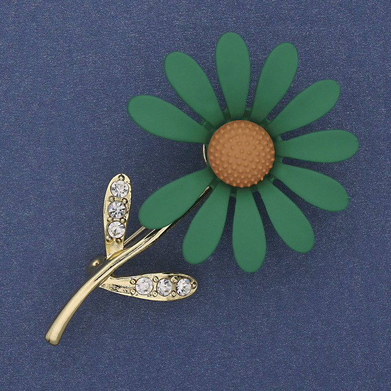 Daisy Brooch Green Enamel White Rhinestones Gold-Tone Metal 65x39mm+