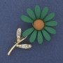 Daisy Brooch Green Enamel White Rhinestones Gold-Tone Metal 65x39mm+