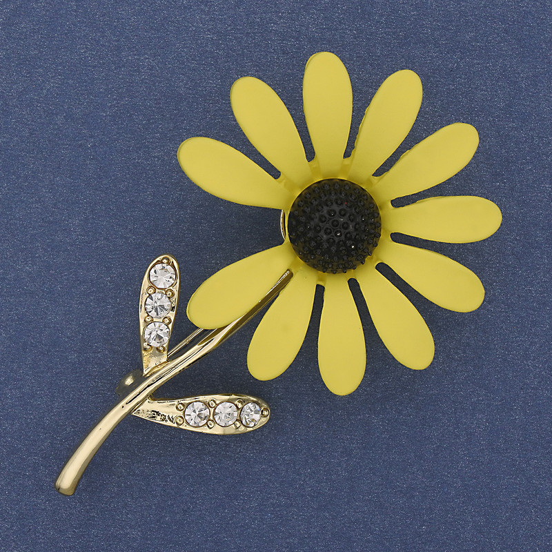 Daisy Brooch Yellow Enamel White Rhinestones Gold-Tone Metal 65x39mm+