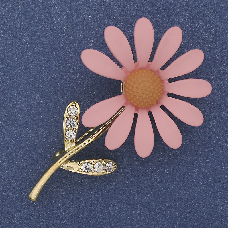 Daisy Brooch Pink Enamel White Rhinestones Gold-Tone Metal 65x39mm+