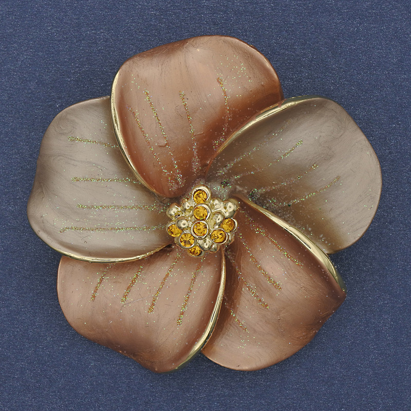 Brooch Pendant Flower Beige Matte Enamel Yellow Rhinestones Gold-Tone Metal 49x49mm+