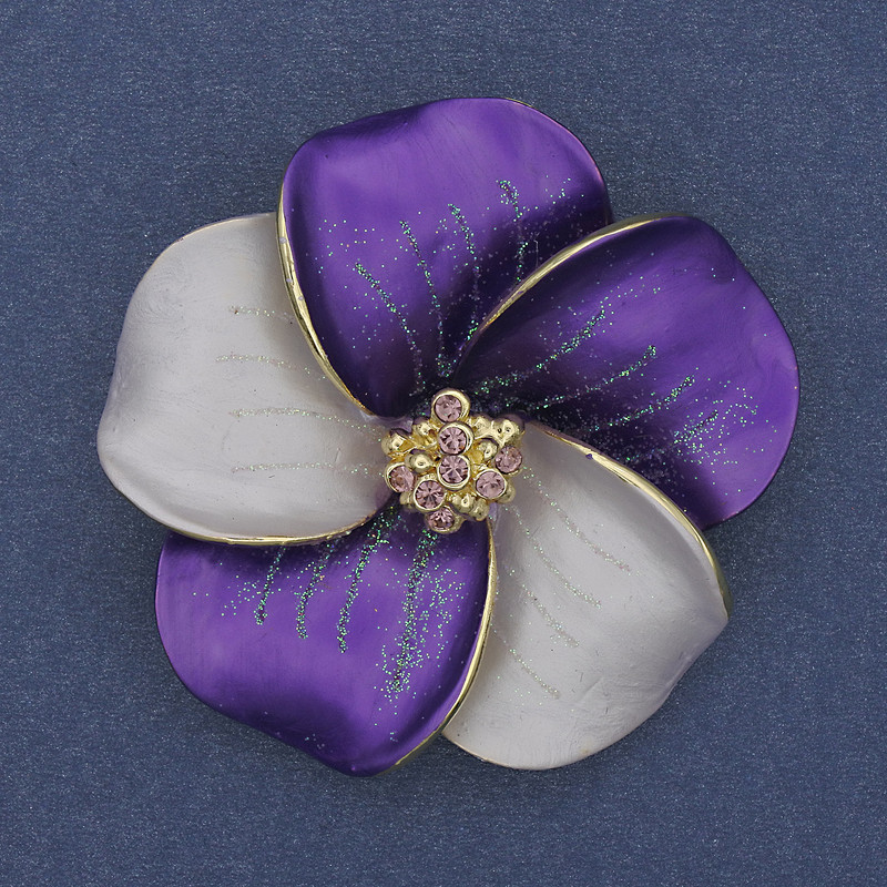 Brooch Pendant Flower White and Purple Matte Enamel Purple Rhinestones Gold-Tone Metal 49x49mm+
