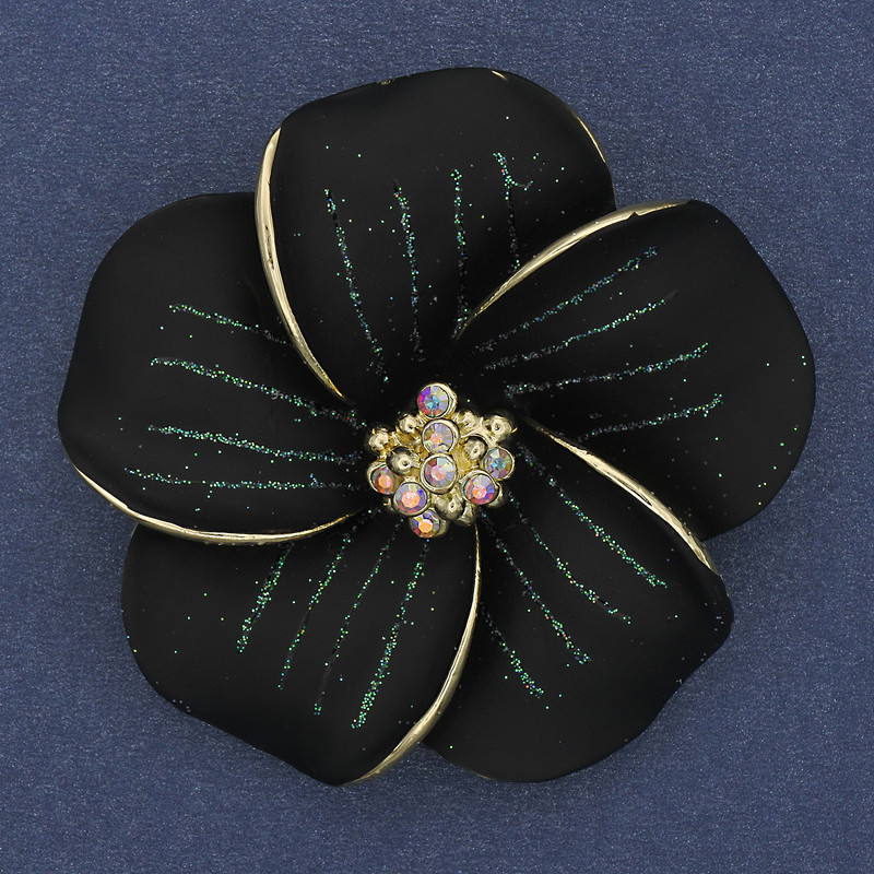 Brooch Pendant Flower Black Matte Enamel Rainbow Rhinestones Gold-Tone Metal 49x49mm+