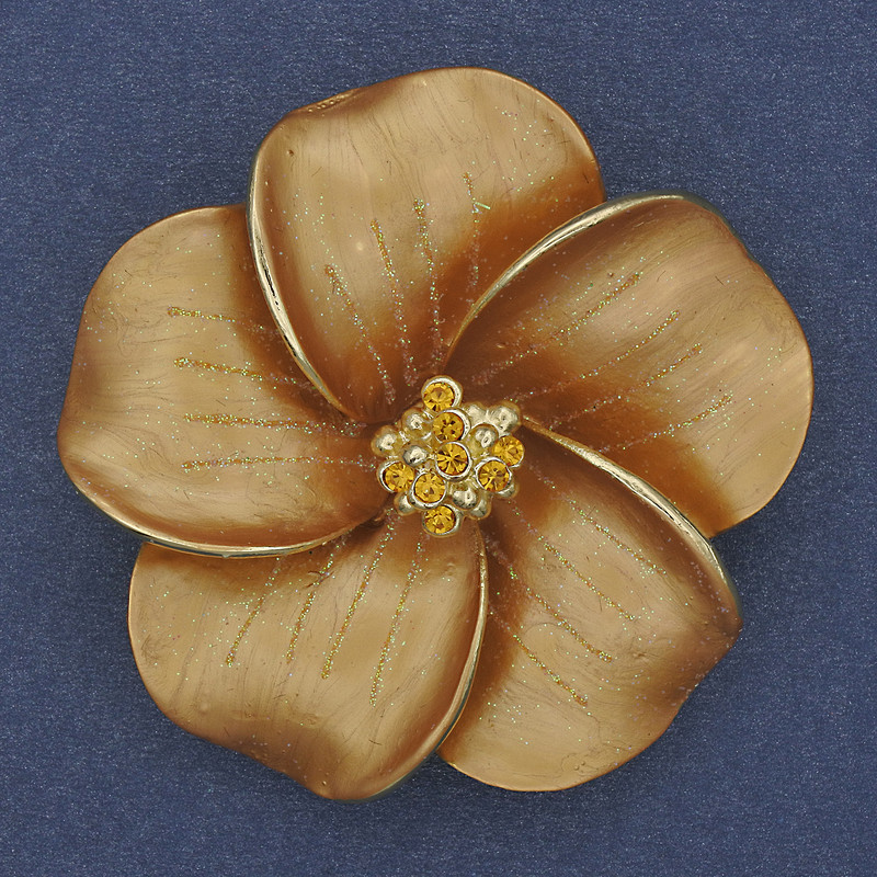 Brooch Pendant Flower Beige Matte Enamel Yellow Rhinestones Gold-Tone Metal 49x49mm+