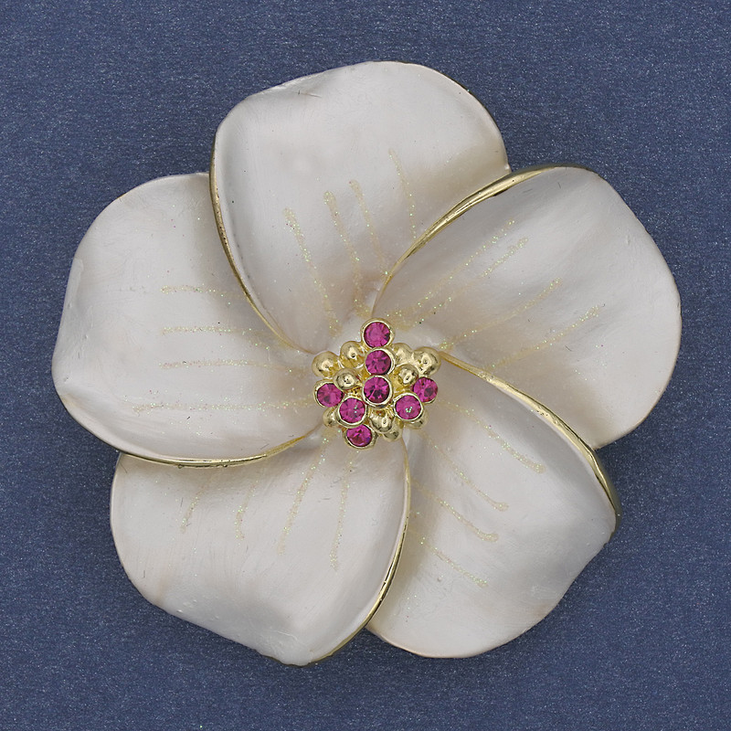 Brooch Pendant Flower White Matte Enamel Rhinestones Gold-Tone Metal 49x49mm+