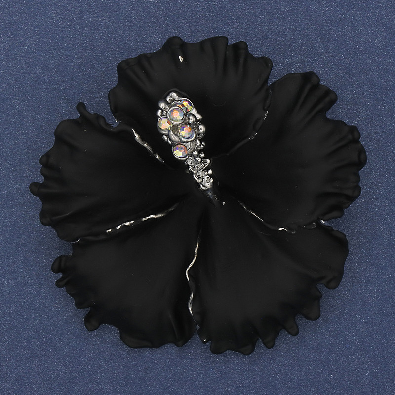 Brooch Pendant Petunia Flower Black Matte Enamel Rainbow Rhinestones Silver-Tone Metal 51x51mm+