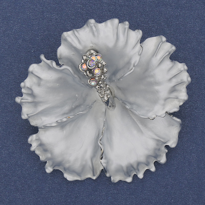 Brooch Pendant Flower Petunia White Matte Enamel Rainbow Crystals Silver Tone Metal 51×51mm+