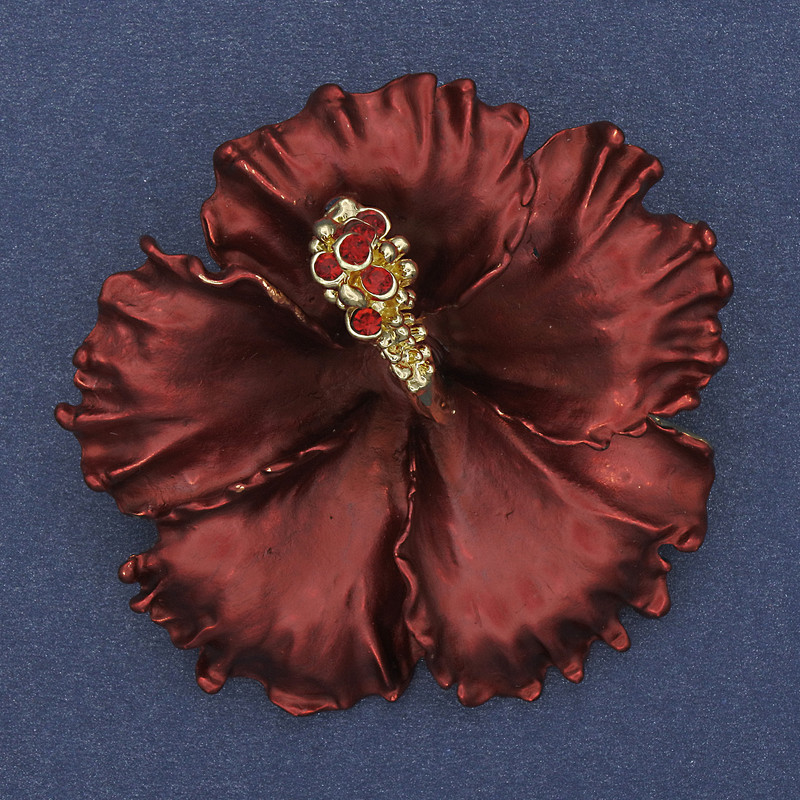 Brooch Pendant Petunia Flower Burgundy Matte Enamel Red Rhinestones Gold-Tone Metal 51x51mm+