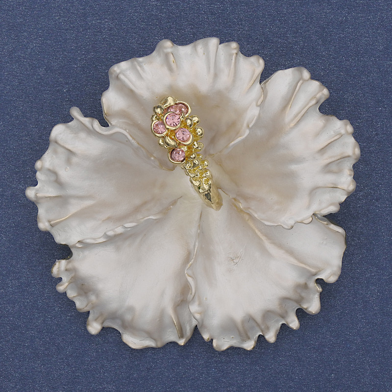 Brooch Pendant Petunia Flower White Matte Enamel Pink Rhinestones Gold-Tone Metal 51x51mm+