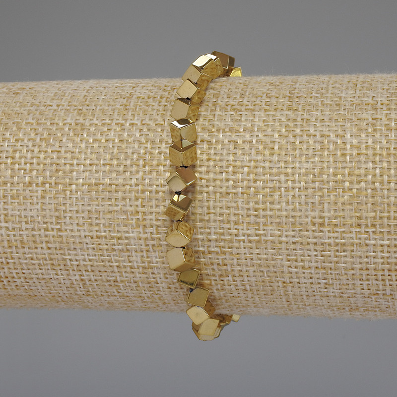 Hematite Bracelet Gold Colour Cube with Crosshole, Ø 4x4mm±, 18cm Length Stretch