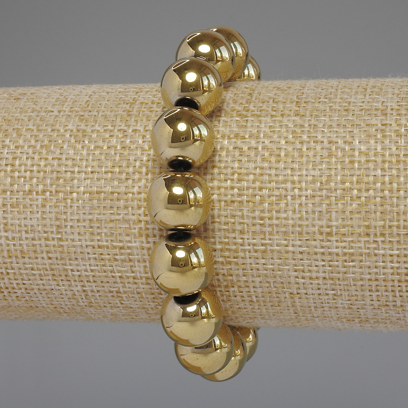 Hematite Bracelet, gold colour, smooth beads, 12mm diameter ±, length 18cm stretch