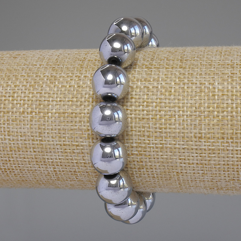 Hematite bracelet silver colour smooth bead, diameter 12mm ±, length 18cm stretch