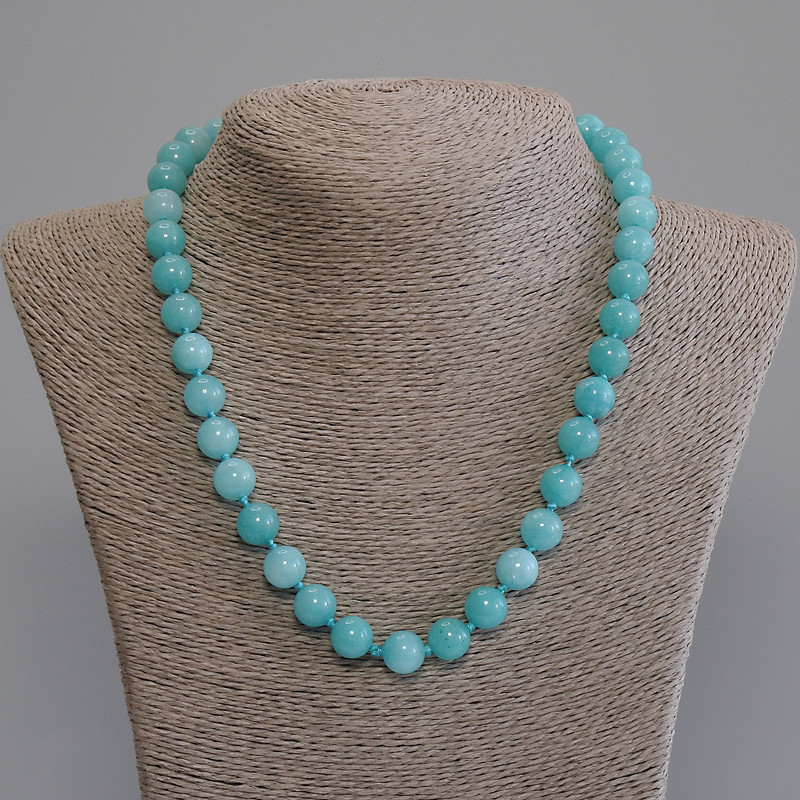 Aquamarine Necklace, smooth round bead, diameter 10mm+-, length 50cm+- with clasp