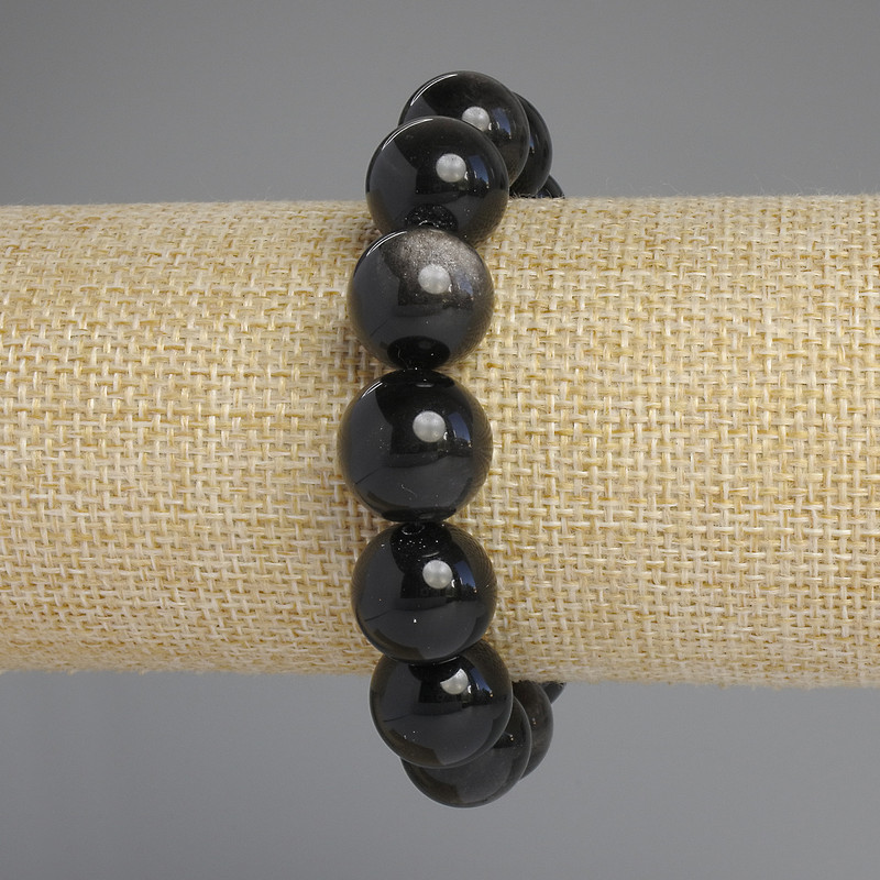 Natural Obsidian Bracelet, silver smooth beads, diameter 14mm, length 18cm +